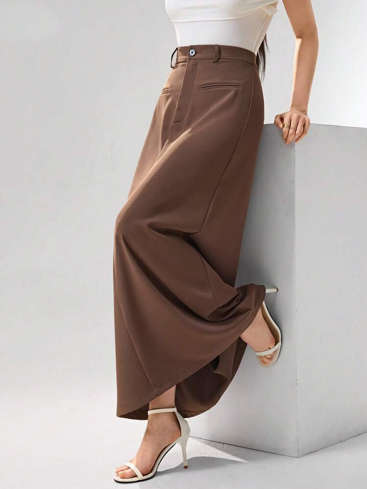 Heiryn Women's Elegant Brown Maxi Skirt: Woven Fabric, Zipper Detail, And Long Length For A Chic Look Women Summer Clothing | SHEIN