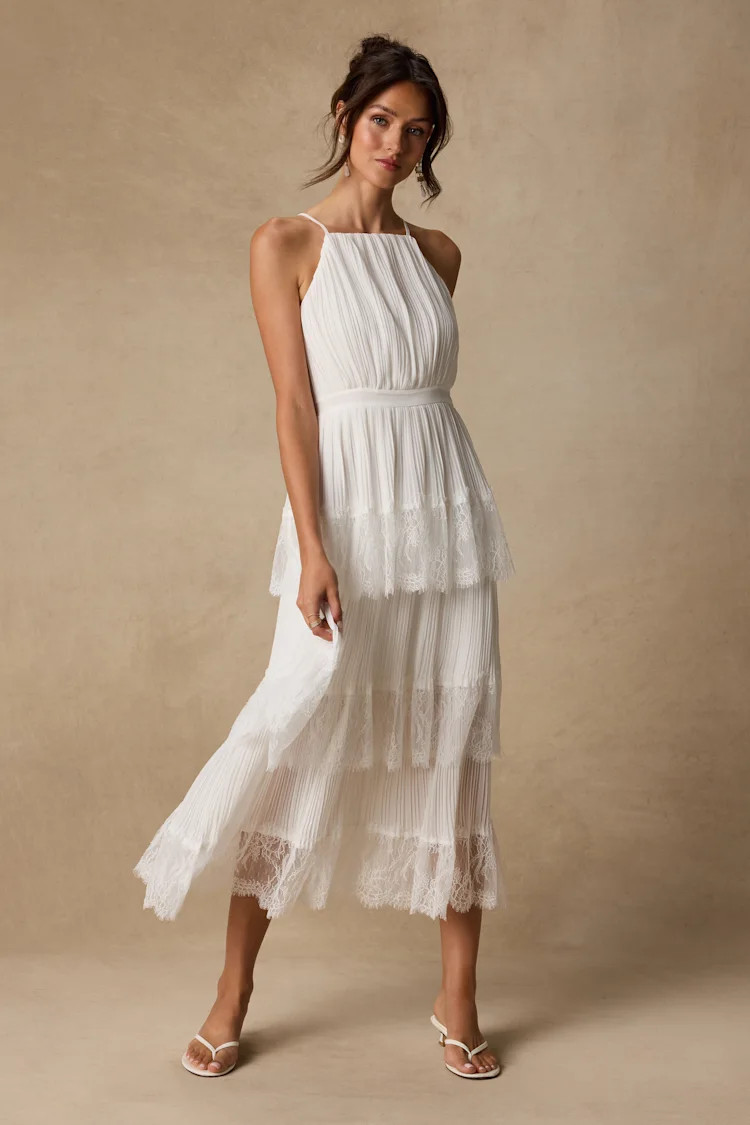 Came For Cocktails White Pleated Tiered Lace Maxi Dress | Lulus