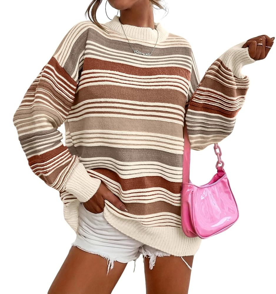 CHARTOU Women Contrast Striped Pullover Sweater 2025 Fall Outfits Oversized Knit Jumper Tops | Amazon (US)