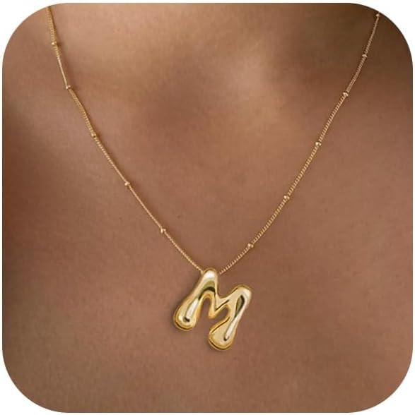 Gold Bubble Letter Necklace for Women Dainty 14K Gold Plated Balloon Initial Necklaces for Women ... | Amazon (US)