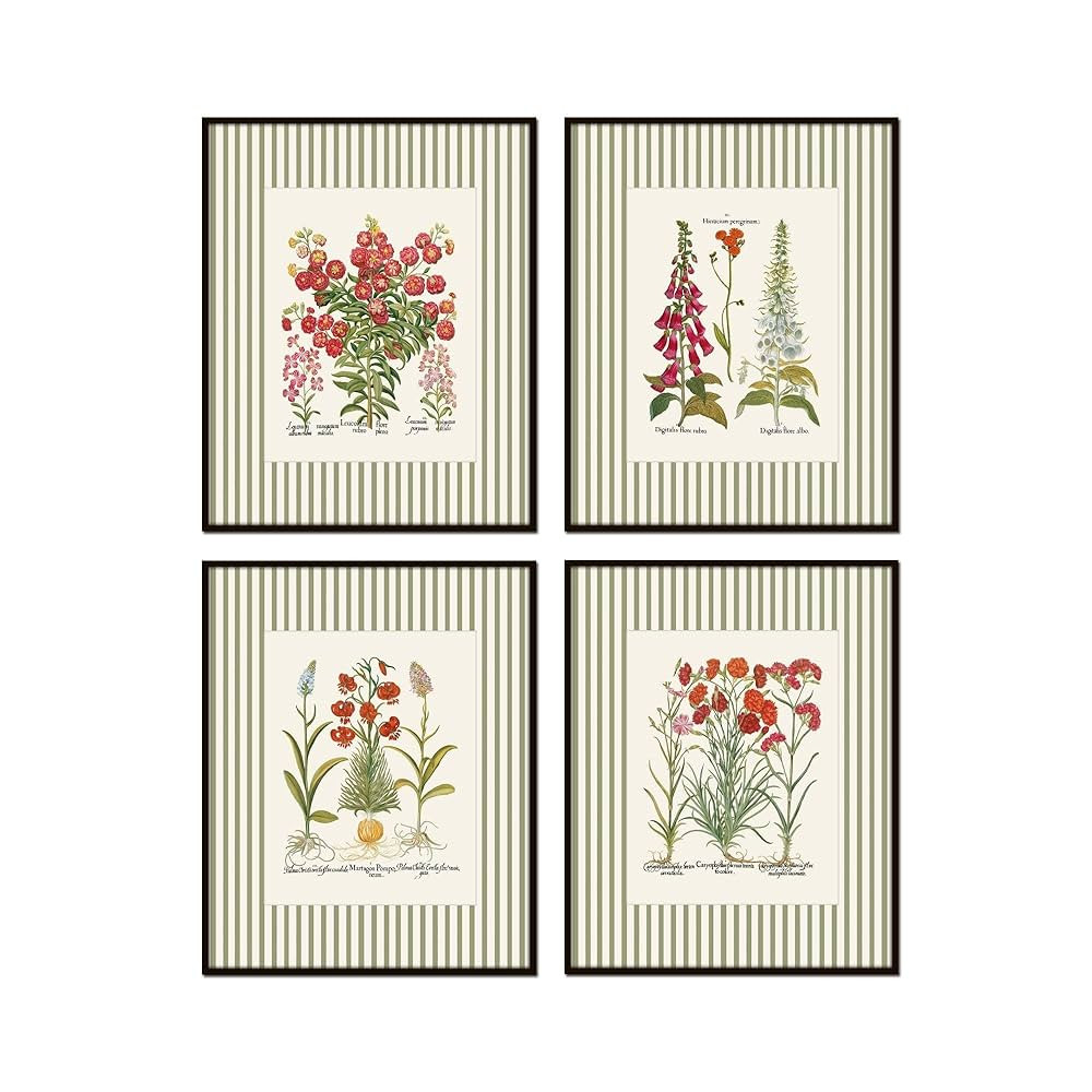 Botanical Prints With Green Stripe Border, Botanical Prints, Wall Art Prints, Vintage Wall Art, V... | Amazon (US)