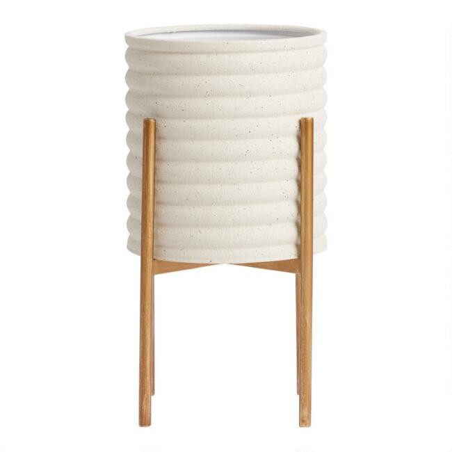 White Cement Stacked Ring Planter with Gold Stand | World Market