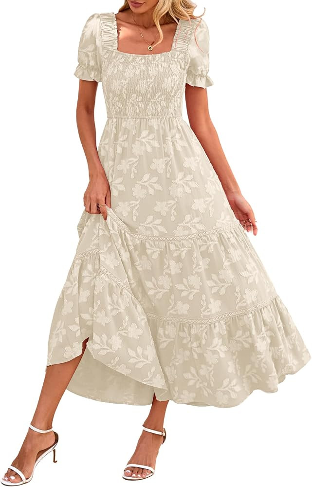 Lazysmile Women's Summer Boho Floral Maxi Dress Short Sleeve Square Neck Smocked Ruffle Elegant W... | Amazon (US)