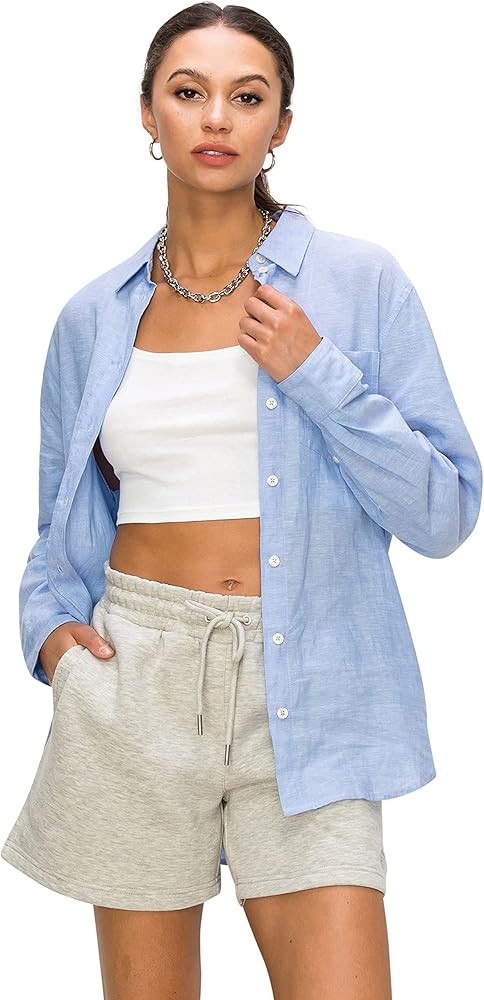 Cali1850 Women's Casual Linen Shirts \u2013 Relaxed Fit Long Sleeve Button Down Top Collared Blou... | Amazon (US)