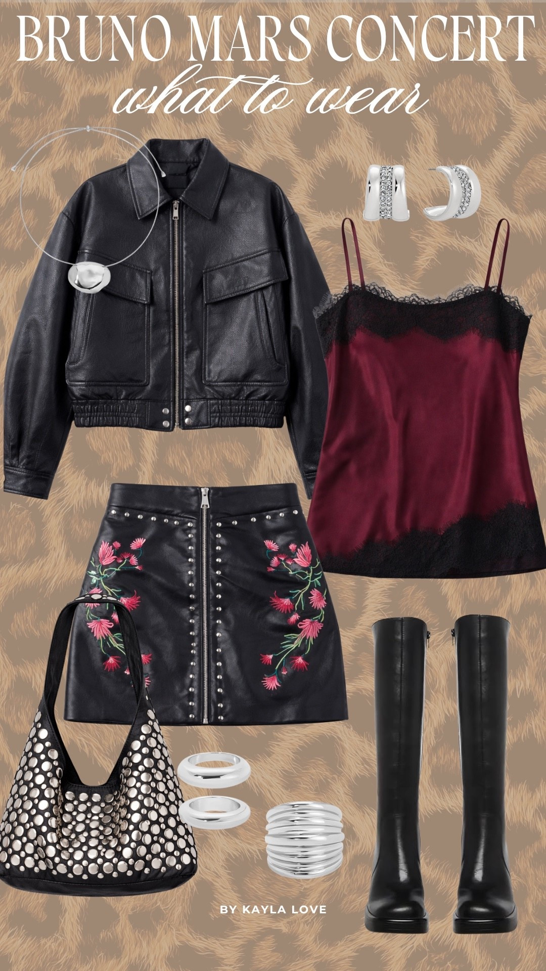Outfit inspiration for the upcoming Bruno mars tour! I opted for something that is fun and would feel easy to dance in all night! A cool embroidered and embellished skirt to pair with the lace trim top. Add the leather jacket as a layering piece and style the look with silver jewelry, tall boots, and a bag that makes a statement!

#LTKgrwm #LTKootd #LTKSeasonal