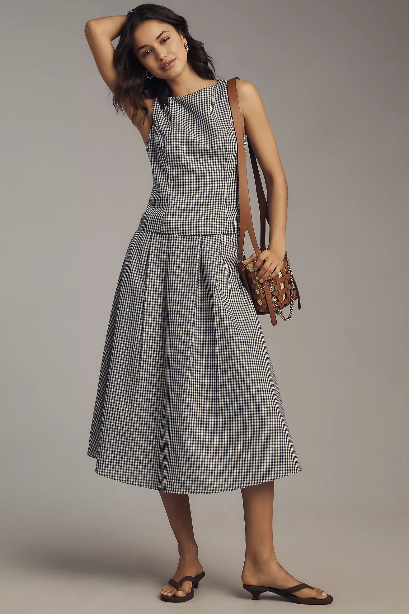 Elodie The Label Petite Britney Linen Blend Gingham Midi Skirt | Anthropologie (US)