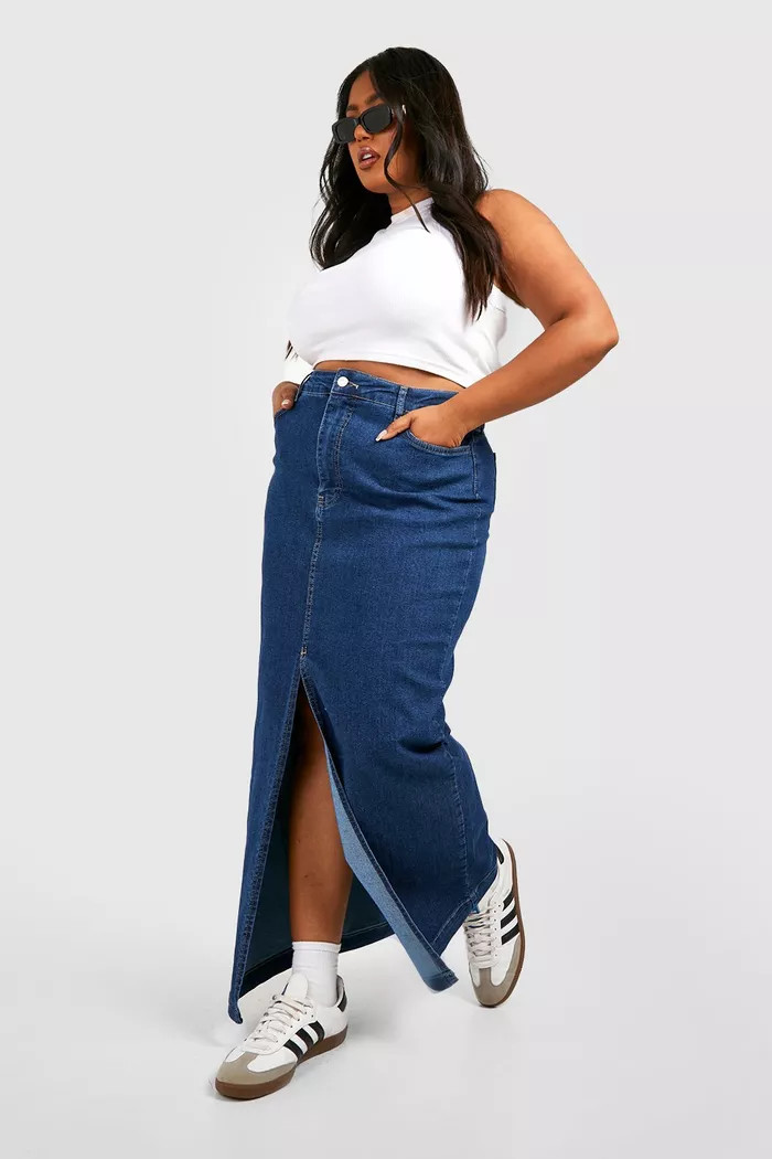 Plus Acid Wash Split Front Denim Maxi Skirt | Boohoo.com (UK & IE)