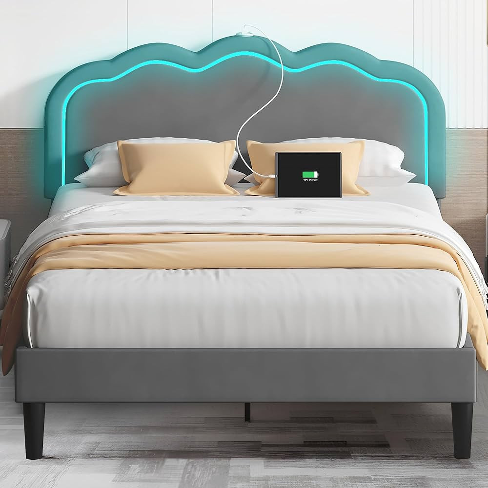 VECELO Upholstered Full Bed Frame with Headboard Adjustable, LED Lights, USB-A & Type-C, Velvet P... | Amazon (US)