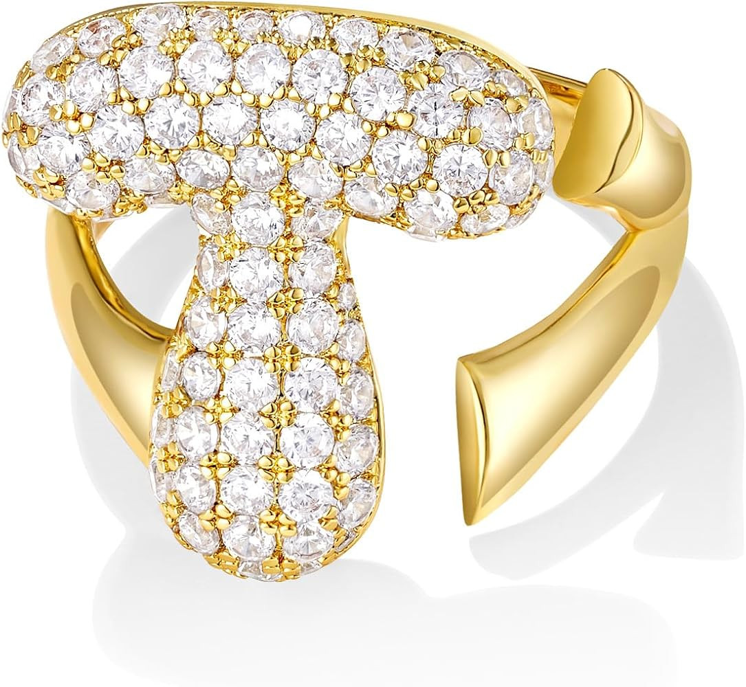 KissYan Bubble Initial Ring for Women, 14k Gold Plate Balloon Jumbo Letter Rings Open Adjustable ... | Amazon (US)