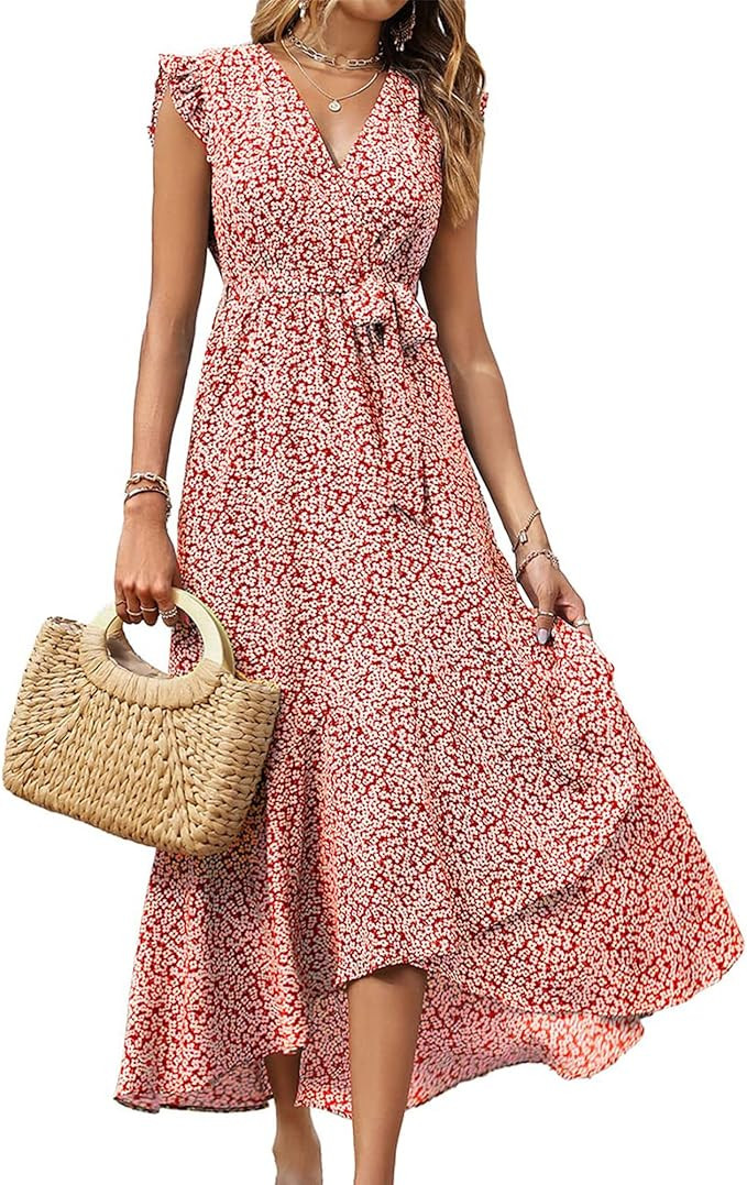 BTFBM Women Summer Floral Boho Maxi Dresses 2026 Vacation Ruffle Sleeve V Neck Belt Wrap Wedding ... | Amazon (US)