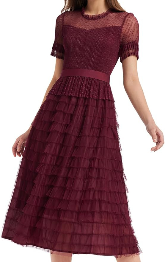 Women's Short Sleeve Mesh Layered Chiffon Long Maxi Dresses for Wedding Guest, Cocktail, Prom, Ev... | Amazon (US)