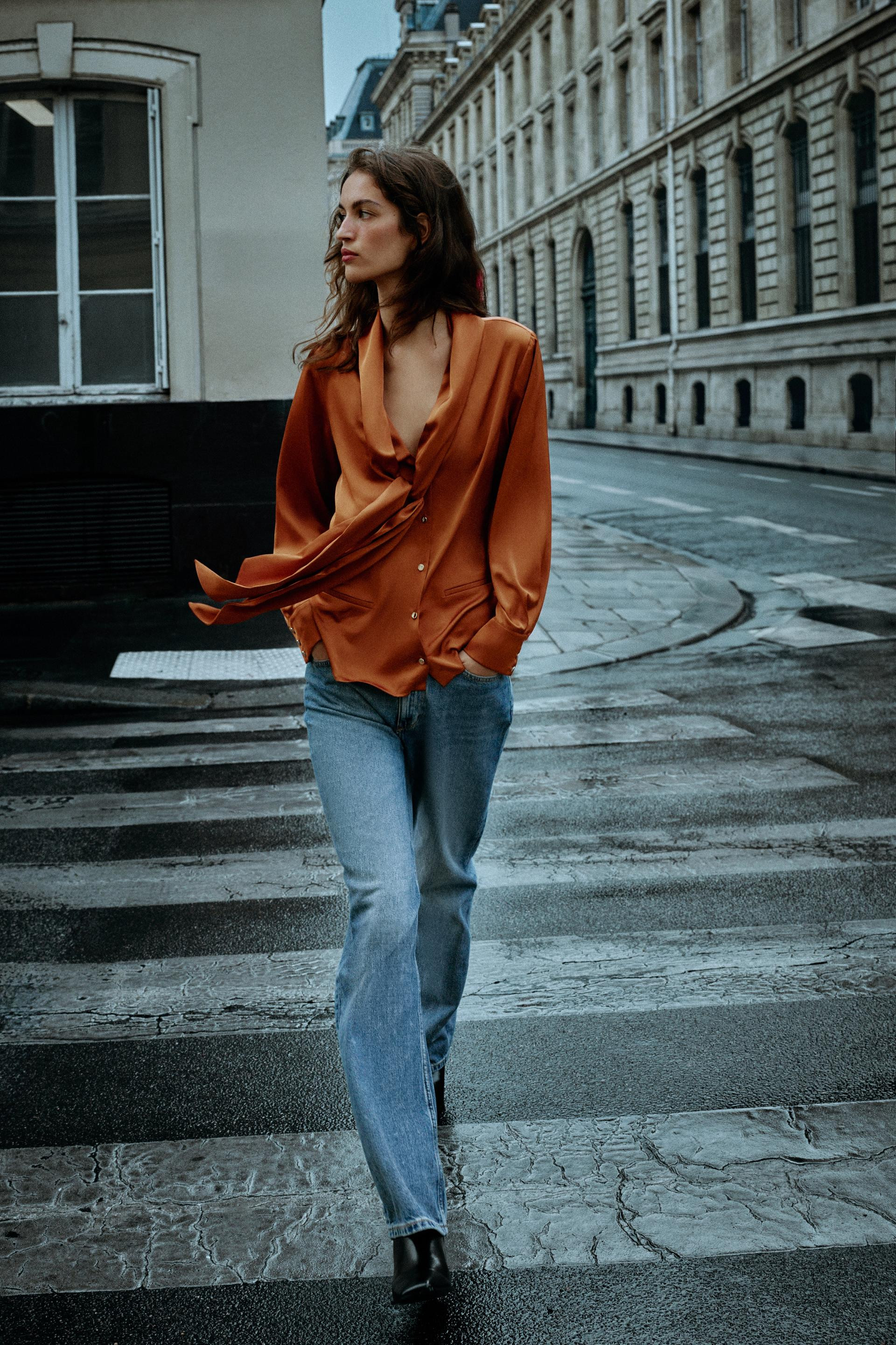Zara - Satin Bow Blouse - Burnt Orange - M - Woman | Zara US