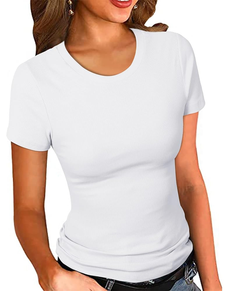 PALINDA Women's Crew Neck Ribbed Fitted Shirt Basic Short Sleeves Summer T Shirt Tops | Amazon (US)