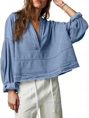 PLNOTME Womens Denim Tops Pullover Trendy Casual V Neck Loose Fit Puff Sleeve Jean Cotton Shirts | Amazon (US)