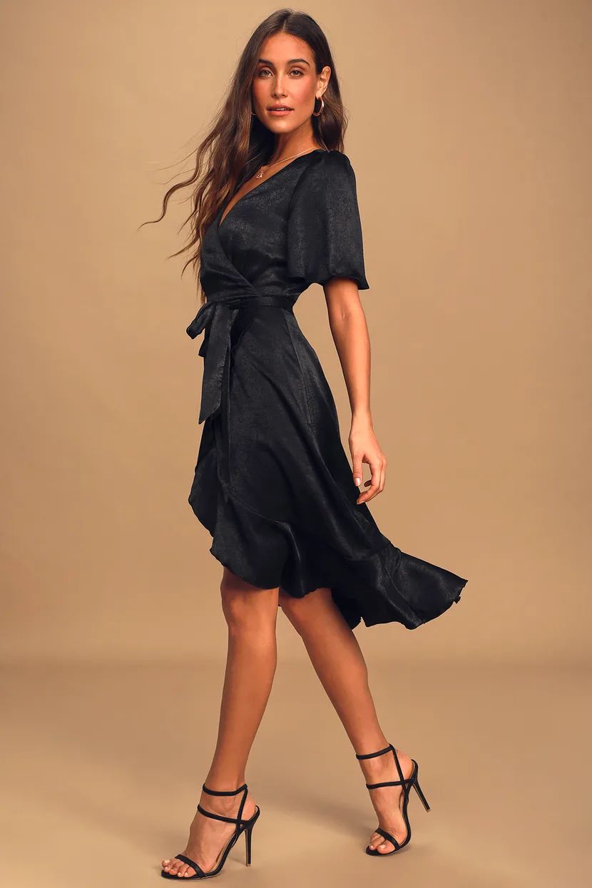 Wrapped Up In Love Black Satin Faux-Wrap Midi Dress | Lulus (US)