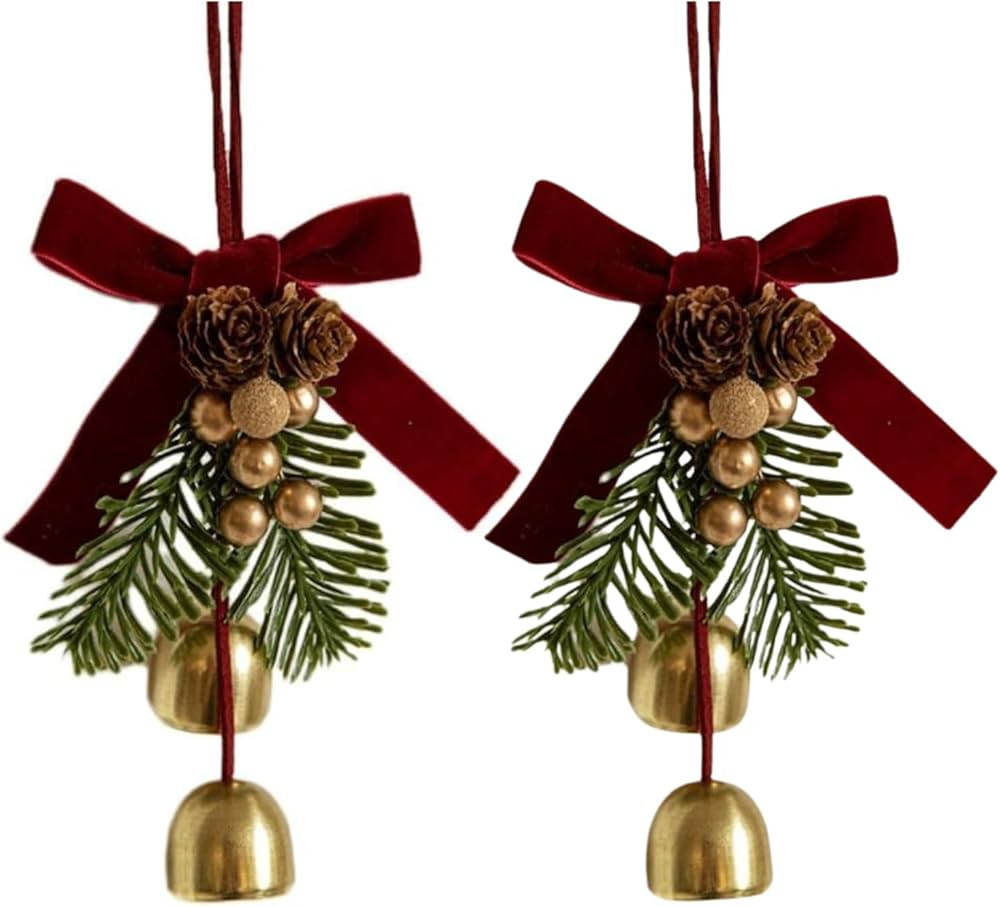 Christmas Wreath Bow，Pine Cone Ornament with Bells，Christmas and Gold Bow with Bells Ornament... | Amazon (US)
