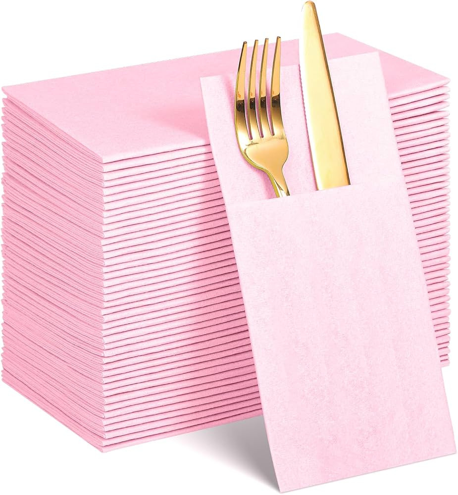 60 Pcs Pink Linen-Feel Paper Napkins with Built-in Flatware Pocket, Pocket Linen Napkin Prefolded... | Amazon (US)