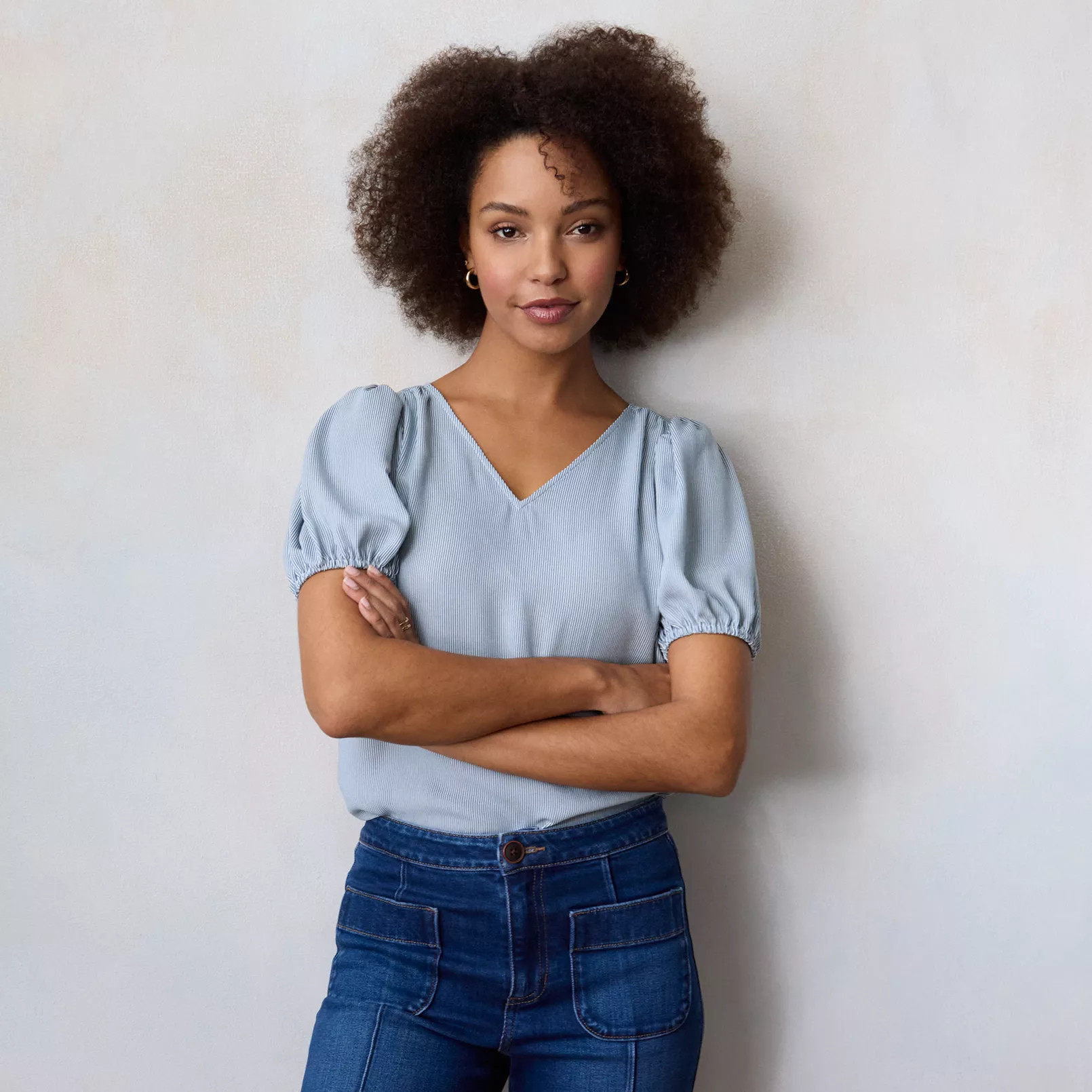 Petite LC Lauren Conrad V-Neck Short Puff Sleeve Woven Top | Kohl's