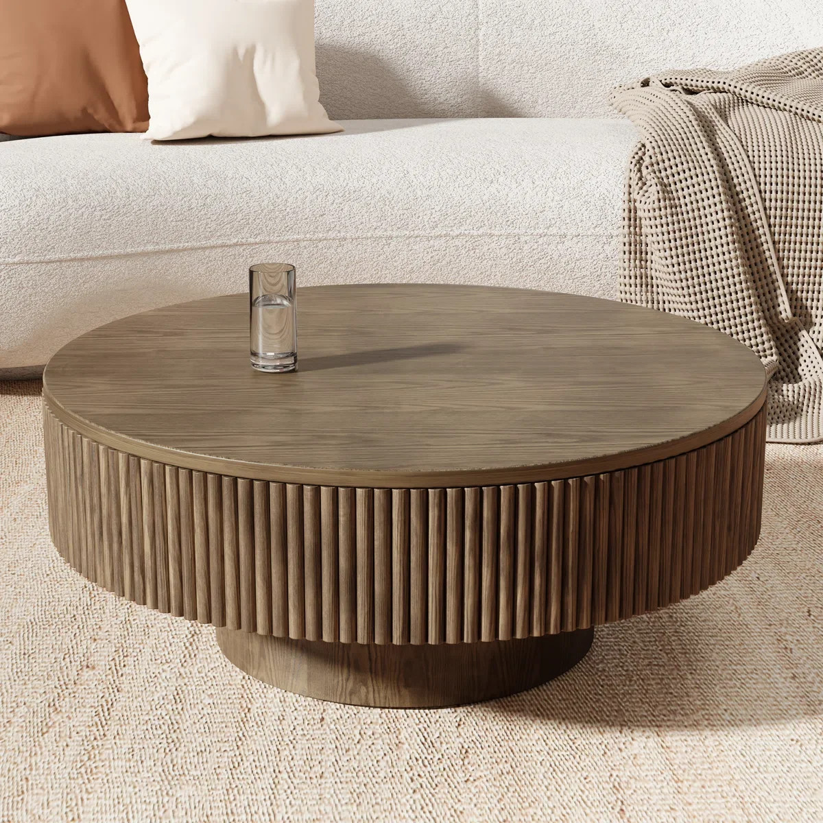 Gelloan 31.5" Round Fluted Coffee Table, Modern Wood Circle Coffee Table, Veneer Handcrafted Reli... | Walmart (US)