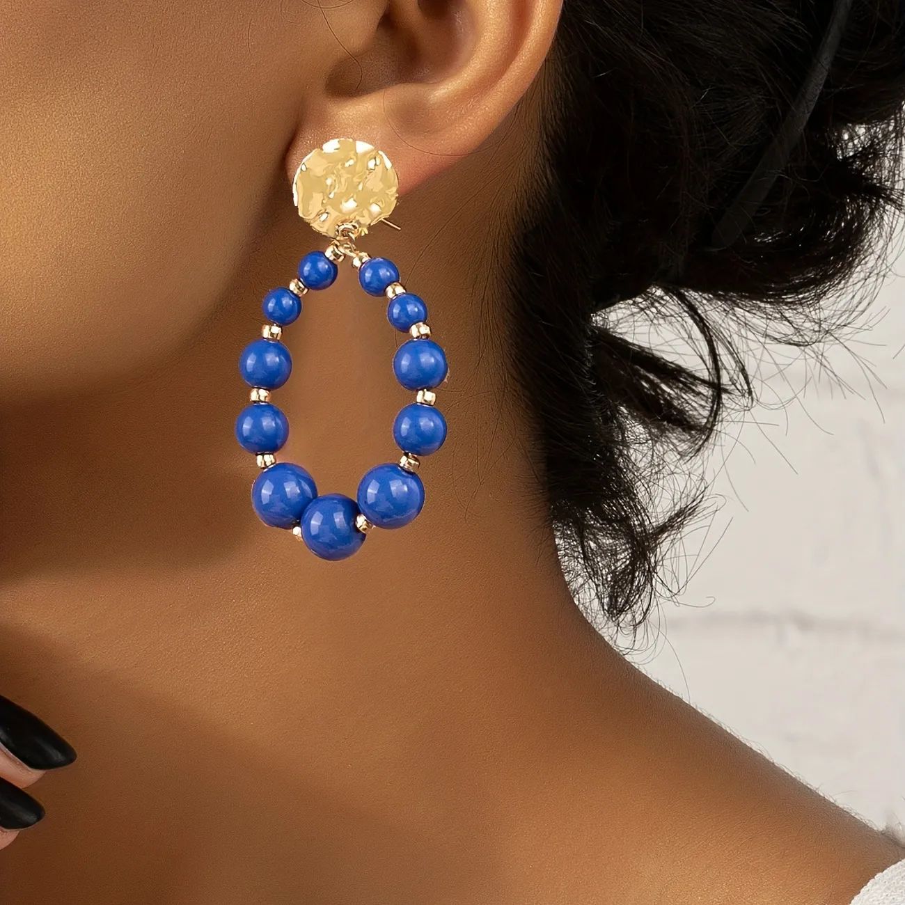 Hollow Droplet Shape With Blue Beads Decor Dangle Earrings Sexy Cute Style Delicate Female Gift | Temu Affiliate Program