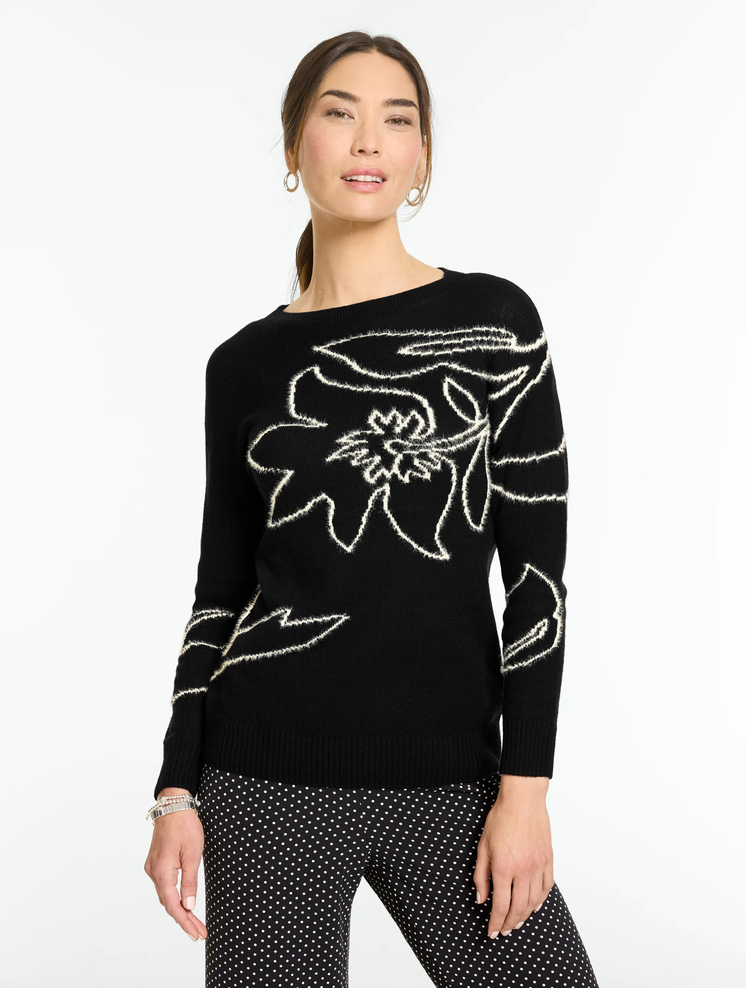 Plus Size - Crewneck Sweater - Floral - Black/Ivory - 3X Talbots | Talbots