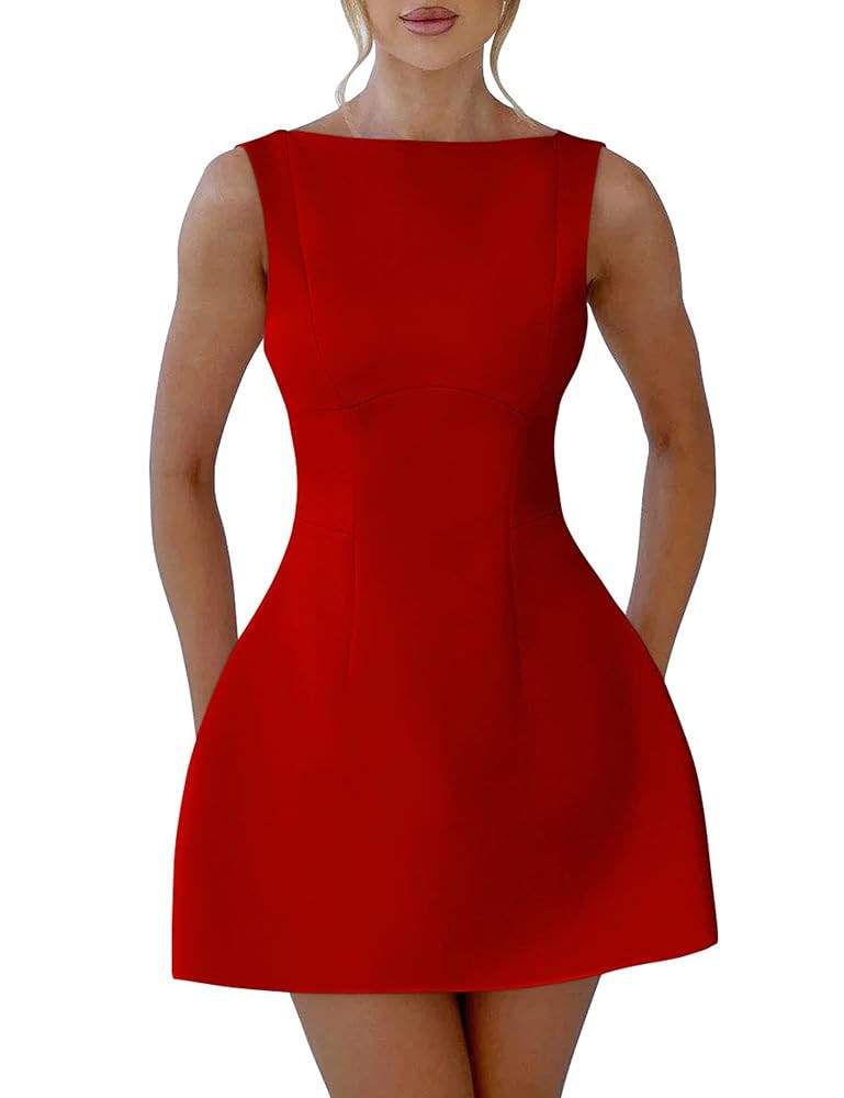 YMDUCH Women's Sexy Sleeveless Crew Neck Backless A-line Party Short Mini Dress | Amazon (US)