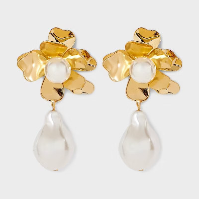 Flower Post With Pearl Fringe Dangle Earrings - Gold/Ivory | Target