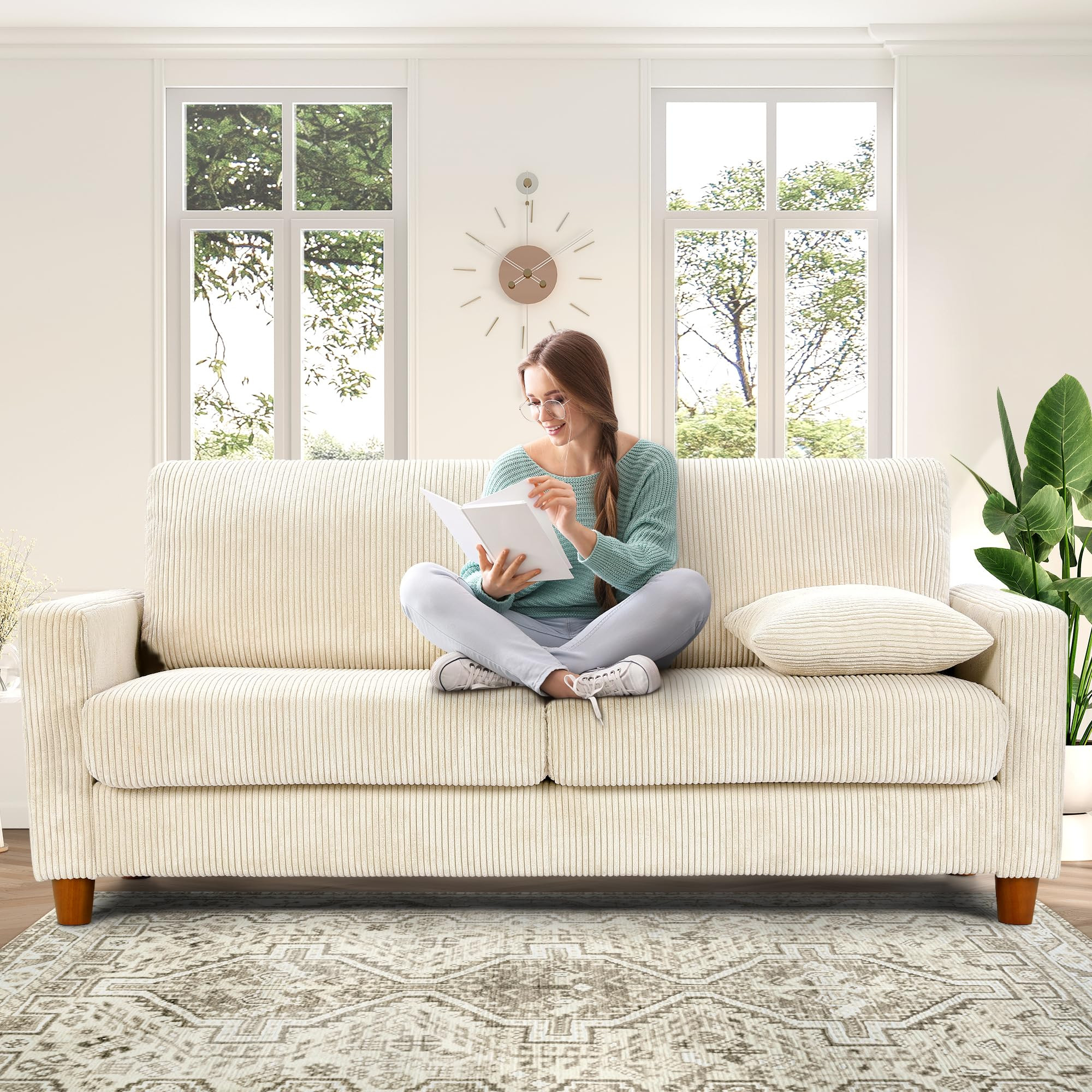 Kidirect 70in Beige White Sofa, Couches for Living Room 21in Extra Deep Seats, Comfy Corduroy Sof... | Amazon (US)