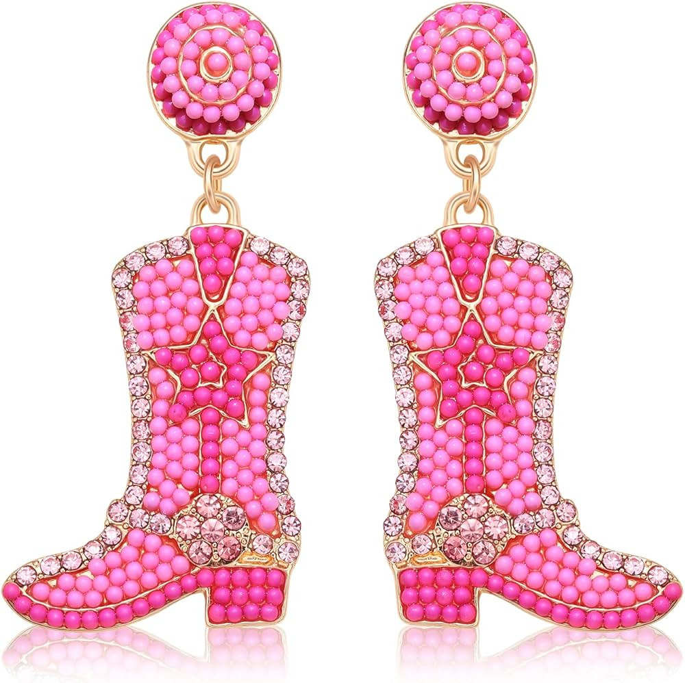 Beaded Cowgirl Boot Earring Western Cowboy Boots Earrings for Women Boho Rhinestone Beads Shoes D... | Amazon (US)