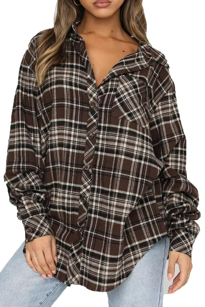 CHYRII Womens Button Down Flannel Shirts Long Sleeve Plaid Shackets Business Casual Blouse Top | Amazon (US)