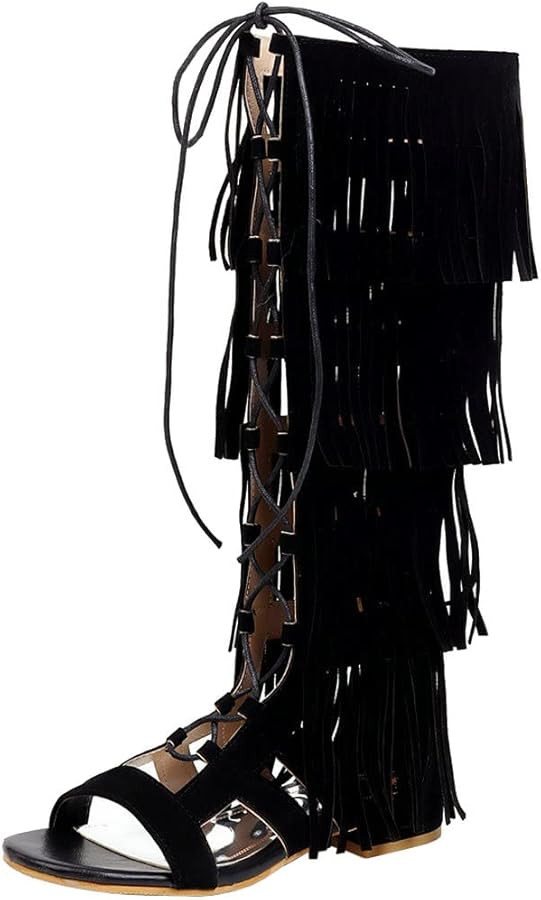 KISSASA Womens Fringe Lace Up Knee High Flat Gladiator Caged Low Heel Tassel Sandals | Amazon (US)