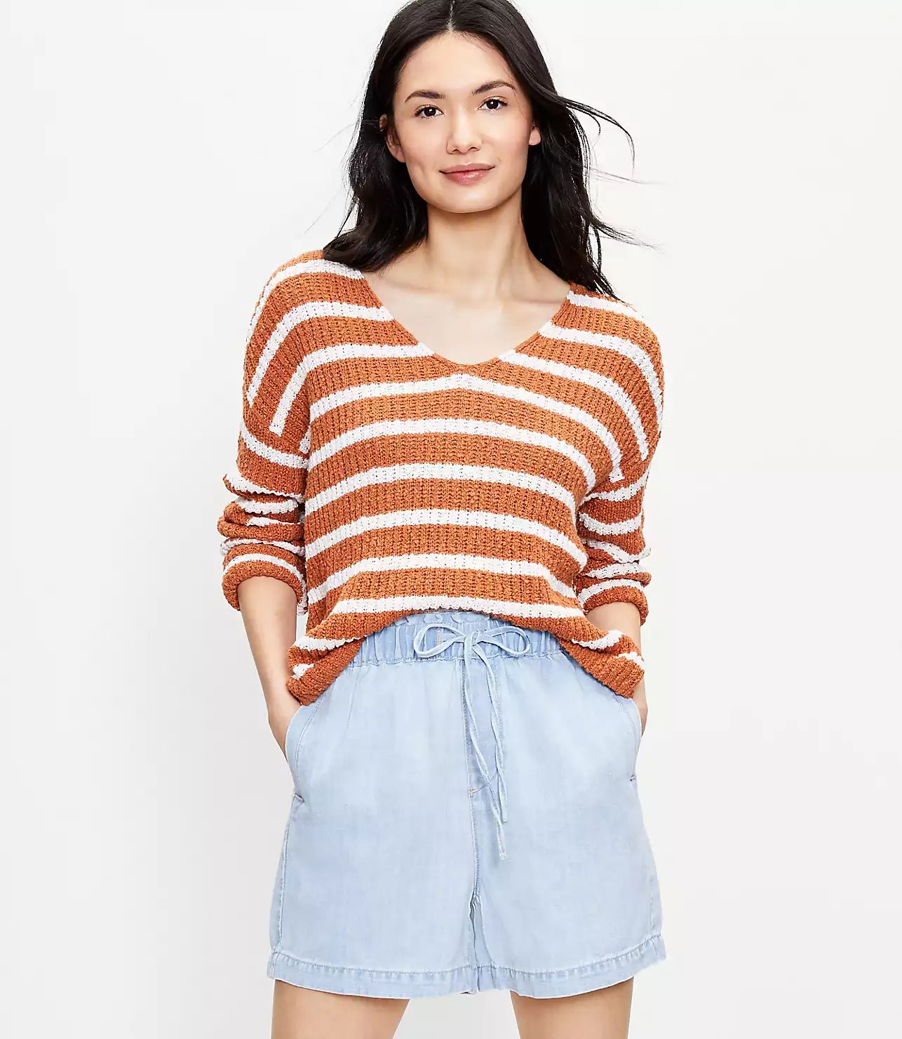 Striped Slouchy V-Neck Sweater | LOFT