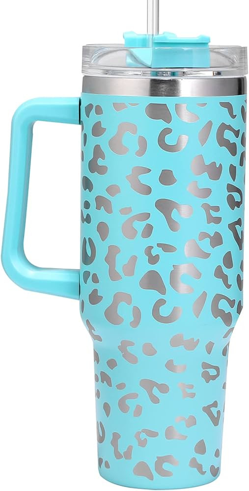 QEAGVJ 40oz Leopard Print Tumbler with Handle, Insulated Stainless Steel Mint leopard Coffee Mug ... | Amazon (US)