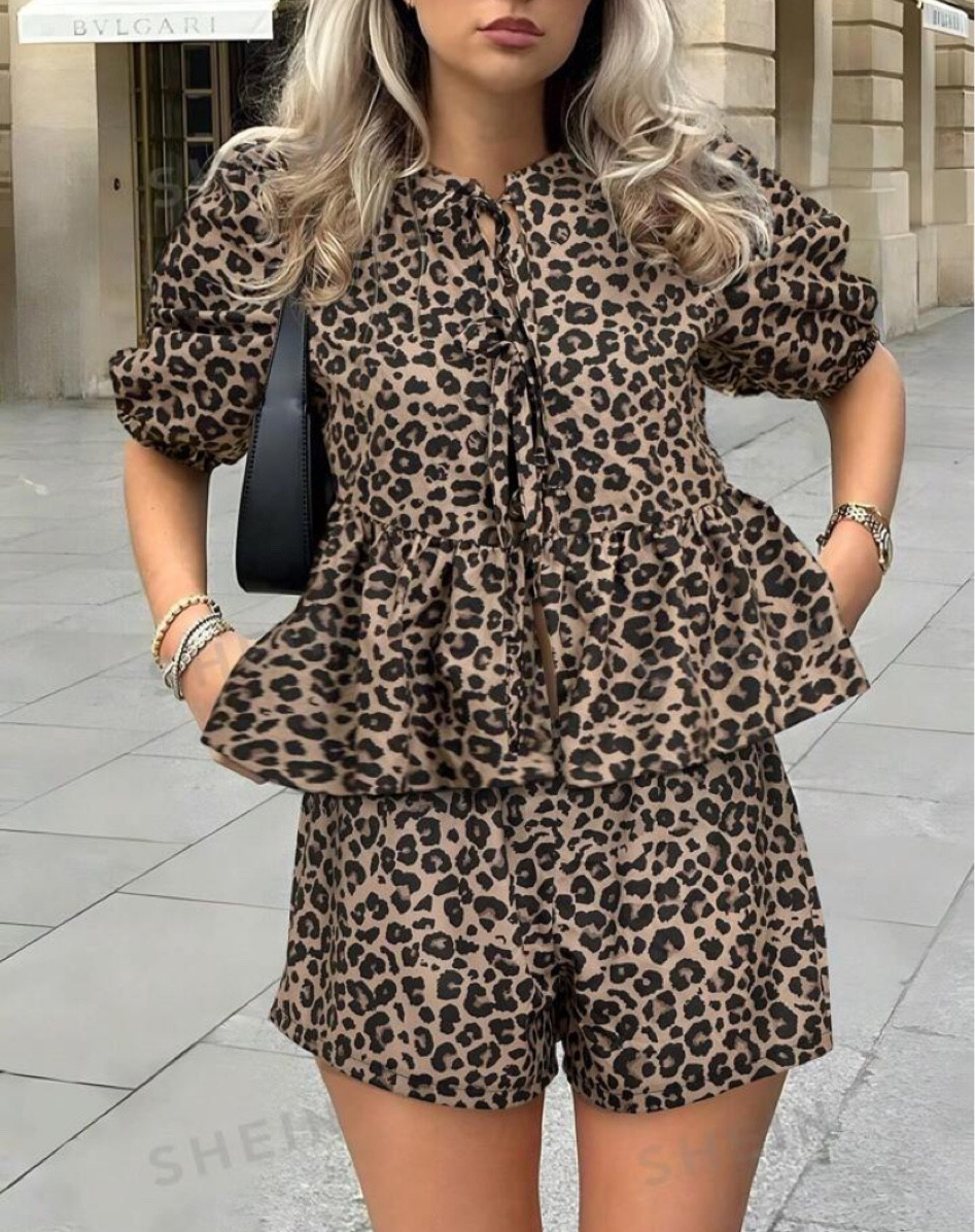 Two piece leopard set/ tie front top/ SHEIN outfit idea 