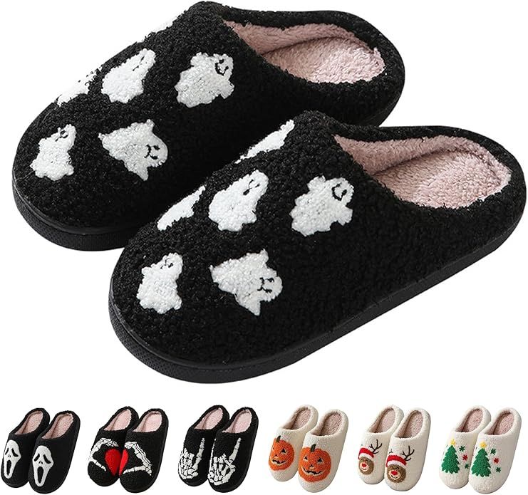 Halloween Slippers for Women Men, Soft Plush Fuzzy Winter holiday slippers, Retro Cozy House Slip... | Amazon (US)