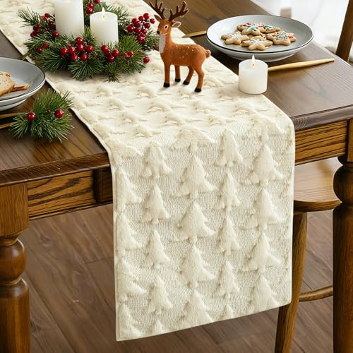 Artscope Xmas Tree Soft Plush Faux Fur Jacquard Christmas Table Runner, Winter Holiday Kitchen Dining Table Decoration for Christmas Home Party Decor 13x72 Inch-Beige | Amazon (US)