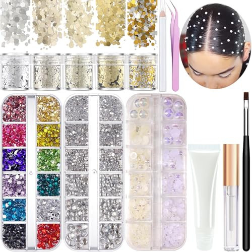 Hair Face Gems Rhinestones with Makeup Glue, Flat Back Colorful Jewels Crystal Half Round Pearl Gold Holographic Glitters Sequins Kit, Wax Pencil Tweezer and Brush For Face Eye Hair Body Makeup | Amazon (US)