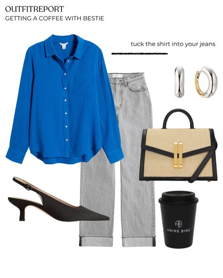 Blue shirt grey denim jeans black sling back heels 

#LTKstyletip #LTKshoes #LTKsummer