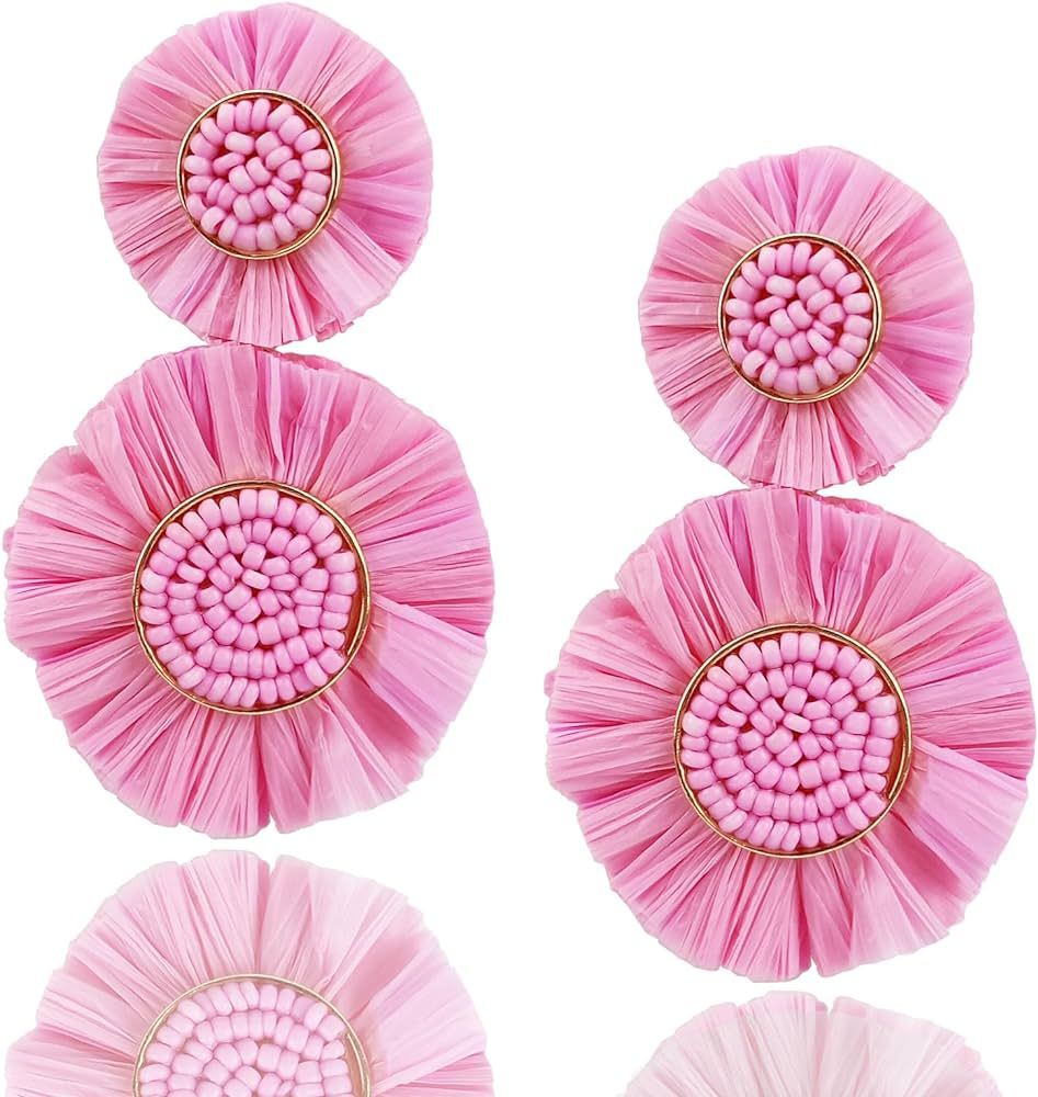 Statement Raffia Floral Earrings Boho Beaded Earrings Summer Beach Handwoven Earrings for Women G... | Amazon (US)