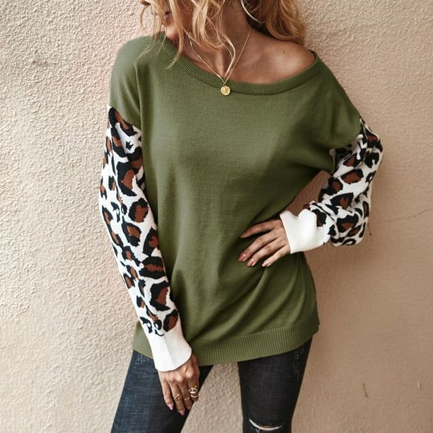 Ladies Contrast Stitching Leopard Print Sweater Army Green - Walmart.com | Walmart (US)