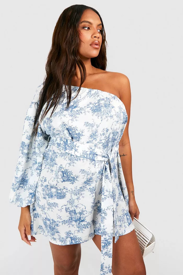 Plus Porcelain Woven One Shoulder Belted Romper | boohoo (US & Canada)