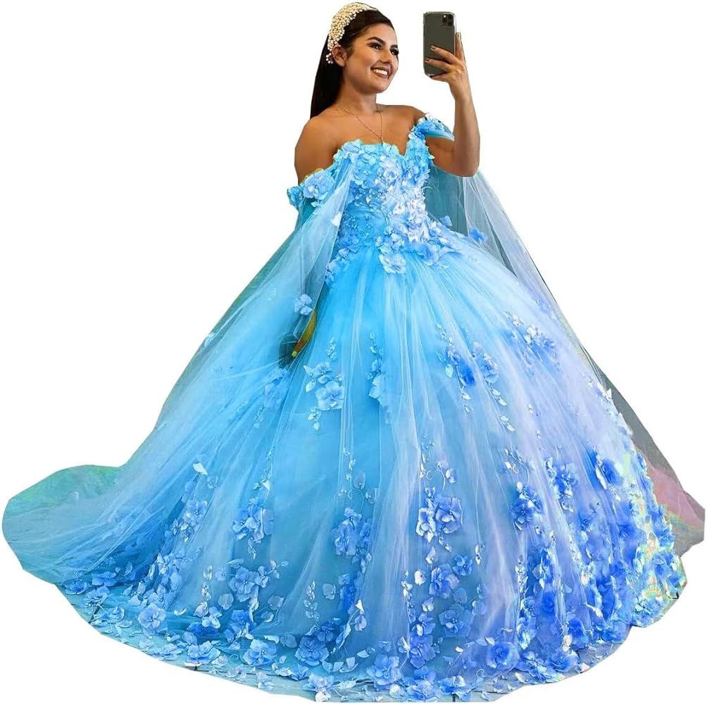 Women's Off Shoulder Quinceanera Ball Gowns 3D Flower Long Prom Formal Wedding Evening Party Dres... | Amazon (US)