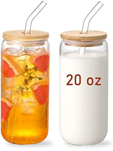 20 OZ Glass Cups with Bamboo Lids and Glass Straw - Beer Can Shaped Drinking Glasses Set, Iced Co... | Amazon (US)