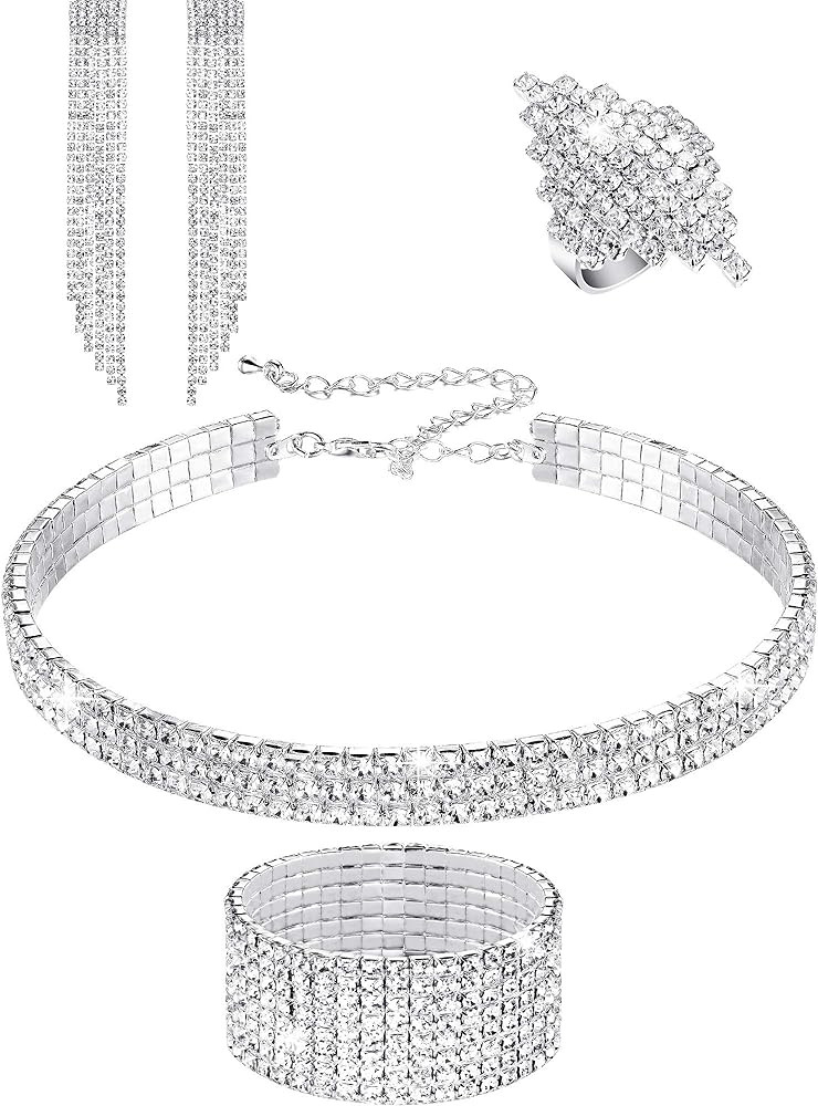 Hicarer Women Rhinestone Stretch Bracelet Bangle Crystal Rhinestone Necklace Ring Dangle Fringe E... | Amazon (US)