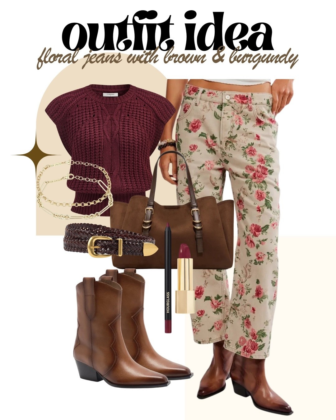 Obsessed with this unexpected combo! 🍂 Pairing these adorable floral Free People jeans with rich browns and deep burgundy for the perfect fall transition look. The chunky knit vest, cowboy boots, and classic handbag give it that effortlessly cool vibe. And that lip color? Chef's kiss! All links to shop this entire outfit are in my bio. Which piece is your favorite? 👇

#OutfitIdea #FloralJeans #FallFashion #Burgundy #BrownAesthetics #FreePeople #CowboyBoots #Knitwear #AutumnStyle #FashionInspo #OOTD #StyleGoals #LTKFashion #StatementJeans #MustHave #TransitionalStyle #ElegantFashion #CasualChic #OutfitInspiration #FashionBlogger #InstaFashion #ShopTheLook