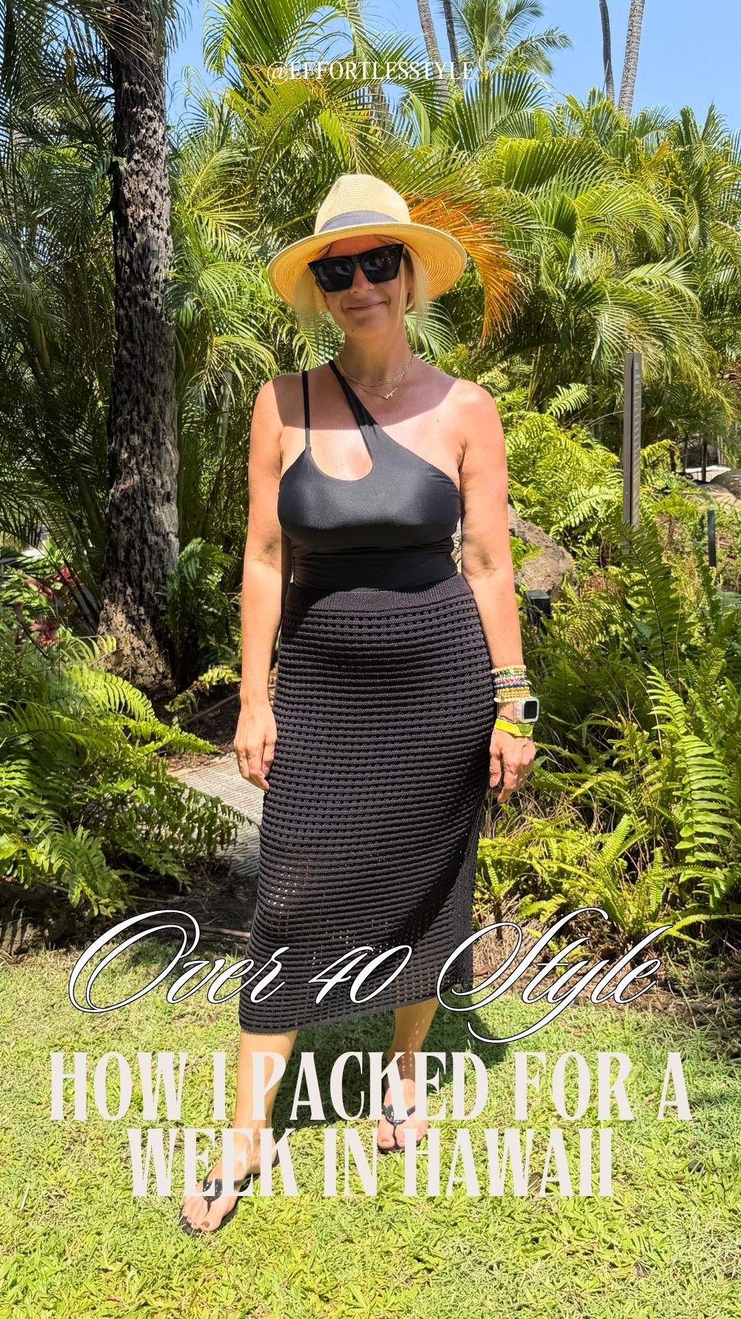 Here are 5 vacation looks I packed for Hawaii🌺

A Hawaii capsule doesn't need to be complicated. Here's how I packed for a full week with pieces I already owned — swim, casual, and dinner all covered.

Look 1: Beach to Resort Black one-shoulder swimsuit + crochet midi coverup skirt + panama hat + flip flops. One swimsuit, one coverup, and suddenly you're resort-ready. The coverup does double duty from pool to lunch without missing a beat.

Look 2: Pool to Lunch Red swimsuit + bold tropical print wrap skirt coverup + flip flops. A wrap skirt coverup in a bold print is the easiest way to go from pool to lunch without changing. The red swimsuit peeking out as the "top" ties the whole color story together perfectly.

Look 3: Beach Day Blue and white stripe bikini top + denim cutoff shorts + panama hat + sandals. A great bikini top worn as a crop top with denim shorts is the vacation outfit formula that never fails.

Look 4: Casual Day Black crop tank + black shorts + sandals. The easiest outfit in the bag. When it's hot and you just need to move, a matching set in black works every single time. 

Look 5: Dinner Ready Chocolate brown tank + brown and cream floral maxi skirt + shell necklace + flip flops. A printed maxi skirt is the single hardest working vacation piece you can pack — dressy enough for dinner, relaxed enough for a sunset walk.

Linked everything and/or the closest versions I could find so you can shop the whole capsule. Everything shoppable below! 👇

#LTKmomlife #LTKOver40 #LTKTravel