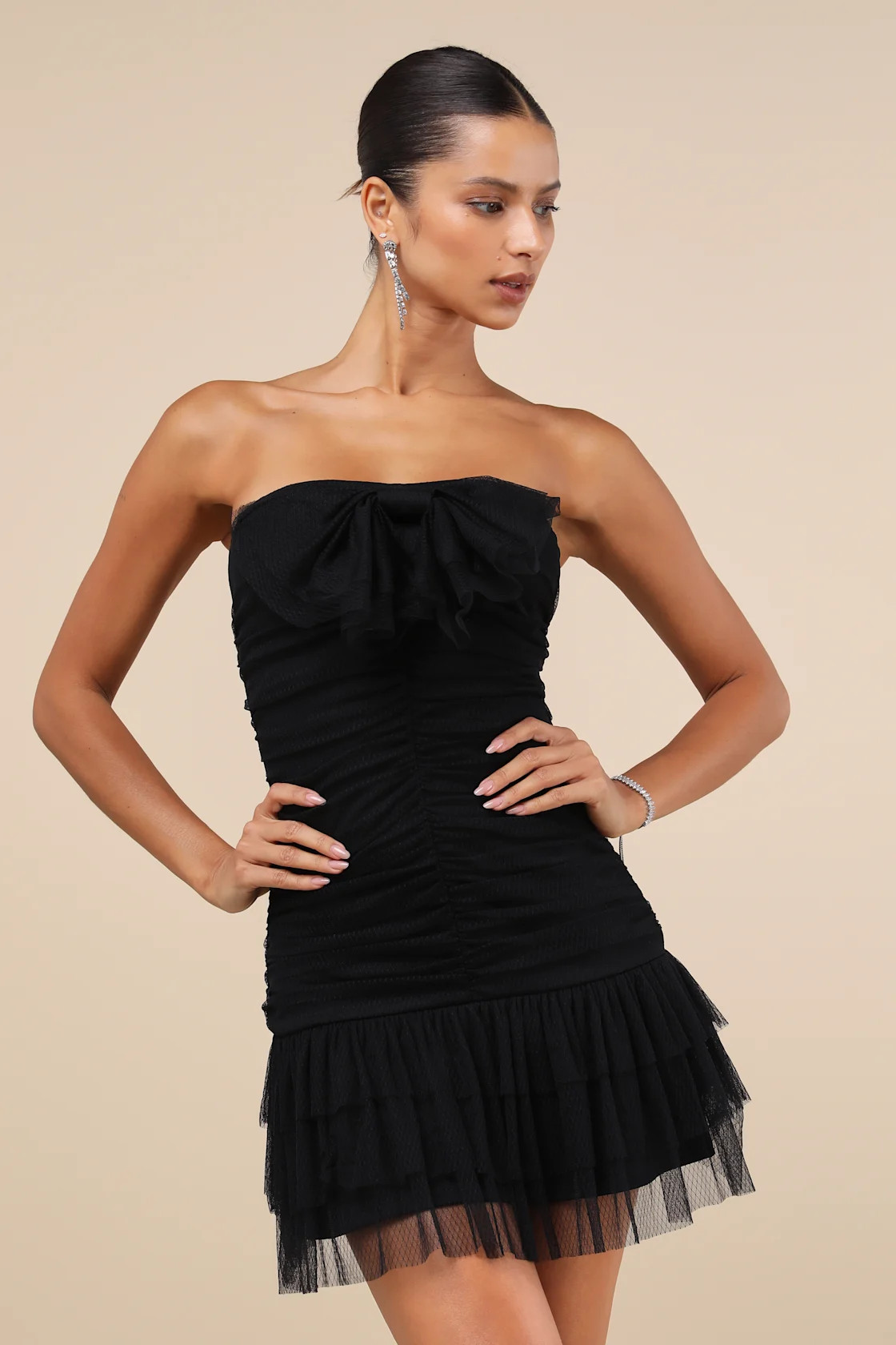 Picture-Perfect Persona Black Mesh Bow Ruched Mini Dress | Lulus