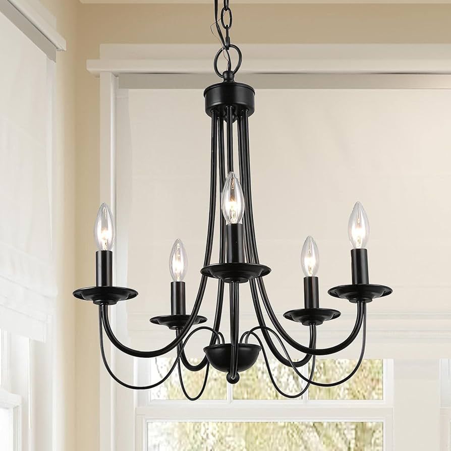 Black Farmhouse Chandelier Rustic Pendant Lighting, Small 5-Light Fixture with 2-Layer Arms for D... | Amazon (US)