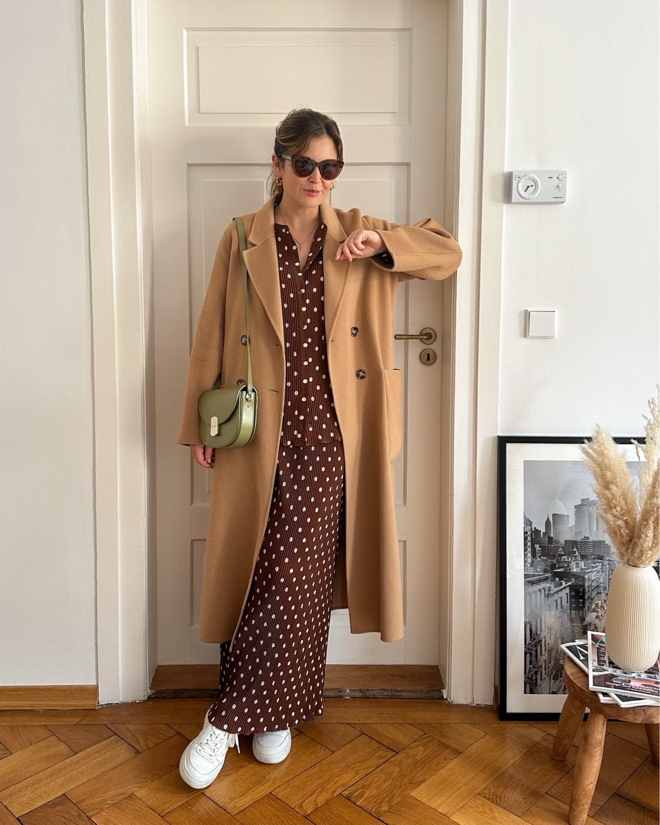 Spring look with Camel Coat, Polka Dot set and sneakers 

#LTKspring #LTKFashionMonth #LTKeurope
