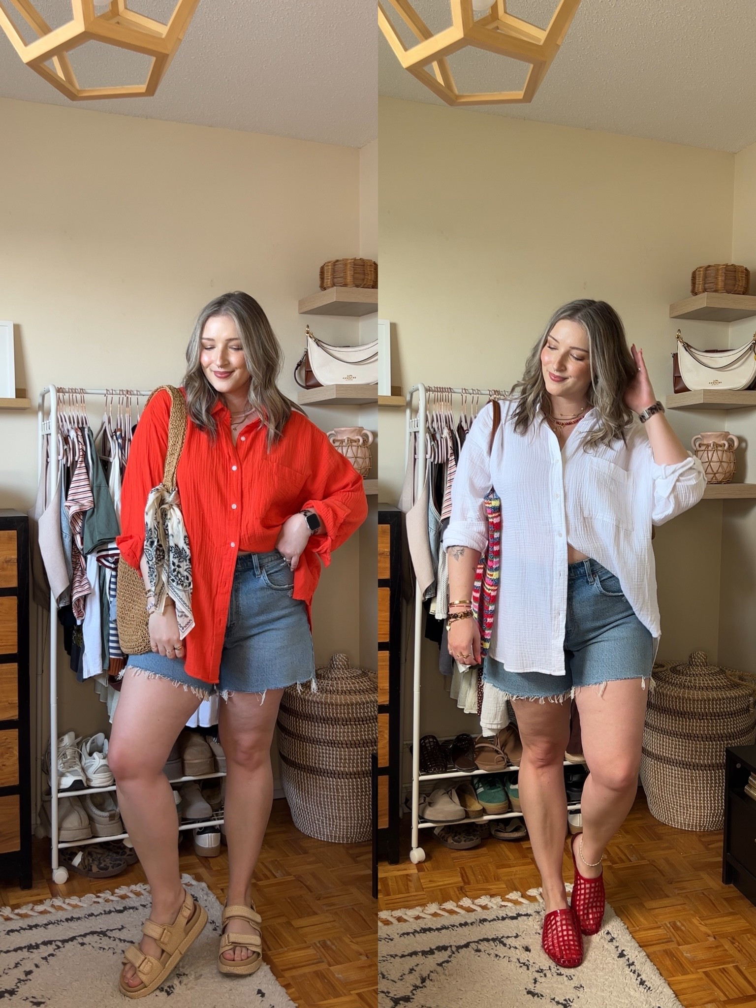 Love these gauzy button up shirts for summer! Also so cute as a swim coverup! Wearing my usual size L. Sized up to 32 in the denim shorts for a looser comfy fit. I’m a 9.5-10 and wear a 10 in the jelly shoes. Linked platform sandals. Canadian bag & jelly links are under “similar products”

#LTKsummer #LTKmidsize #LTKstyletip